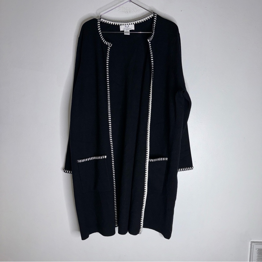 MAGASCHONI Sweater Jacket Open Front Black‎ White Trim Long Midi Blazer Women 1X